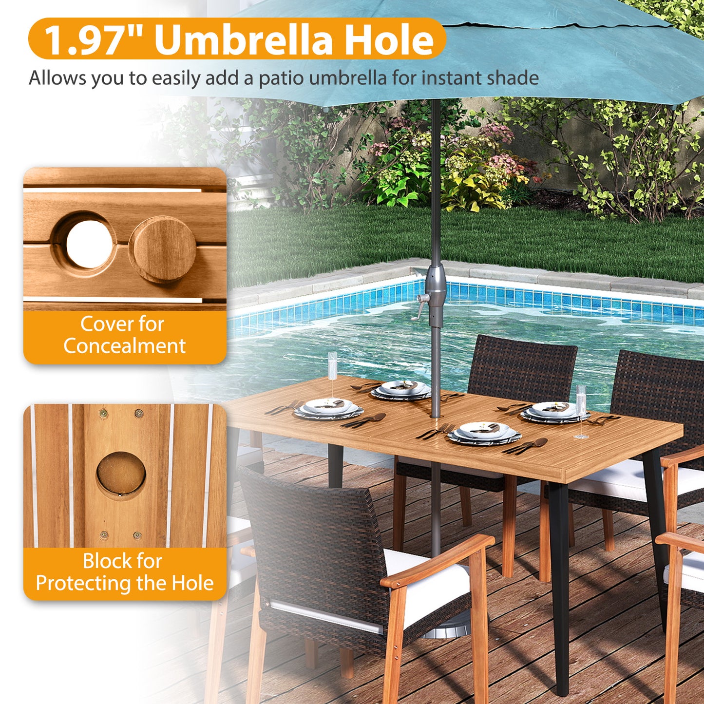 7-Pieces Patio Dining Table Set Acacia Wood Table and 6 Armchairs