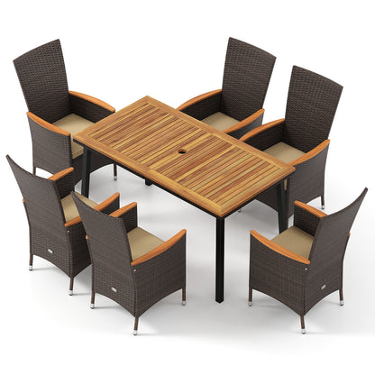Outdoor Dining Set for 6 Patio Wicker Armchairs and Acacia Wood Table