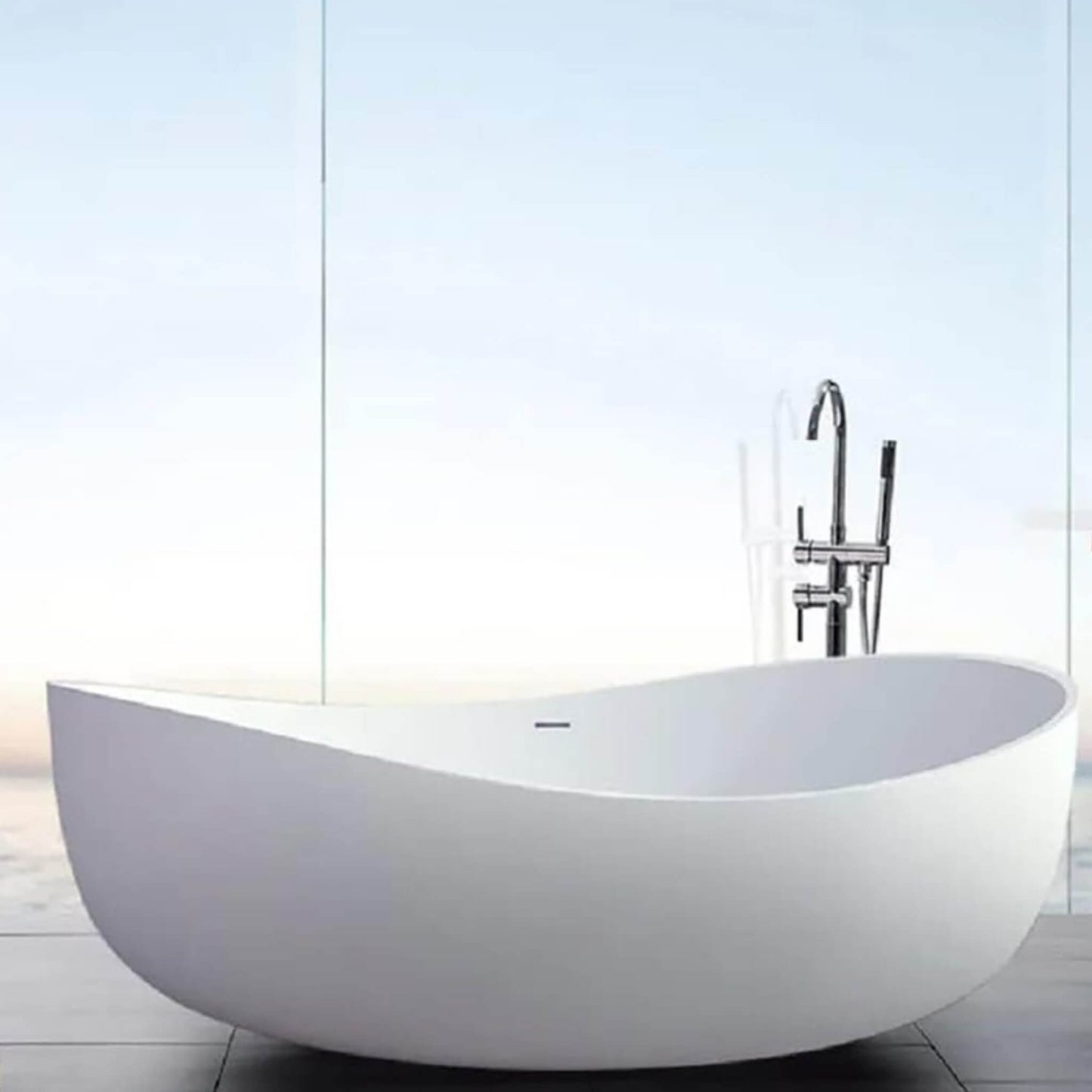 Alora Premium Freestanding Extra Large Oval Stone Besin Soaking Bathtub, 71"