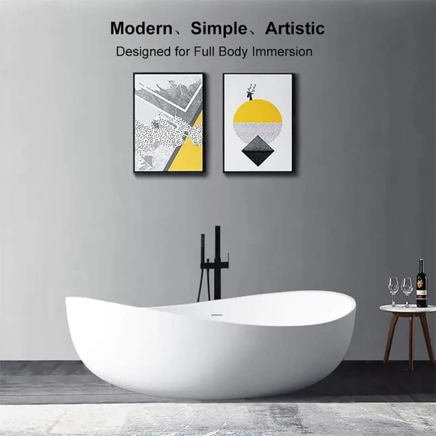 Alora Premium Freestanding Extra Large Oval Stone Besin Soaking Bathtub, 71"