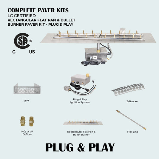 Rectangular Flat Pan & H-Style Bullet Burner Paver Kit - 110V Plug & Play Electronic Ignition