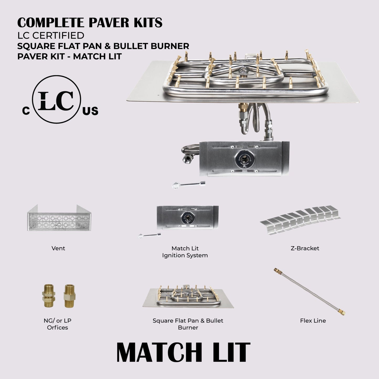 Square Flat Pan & Square Bullet Burner Paver Kit - Match Lit Ignition