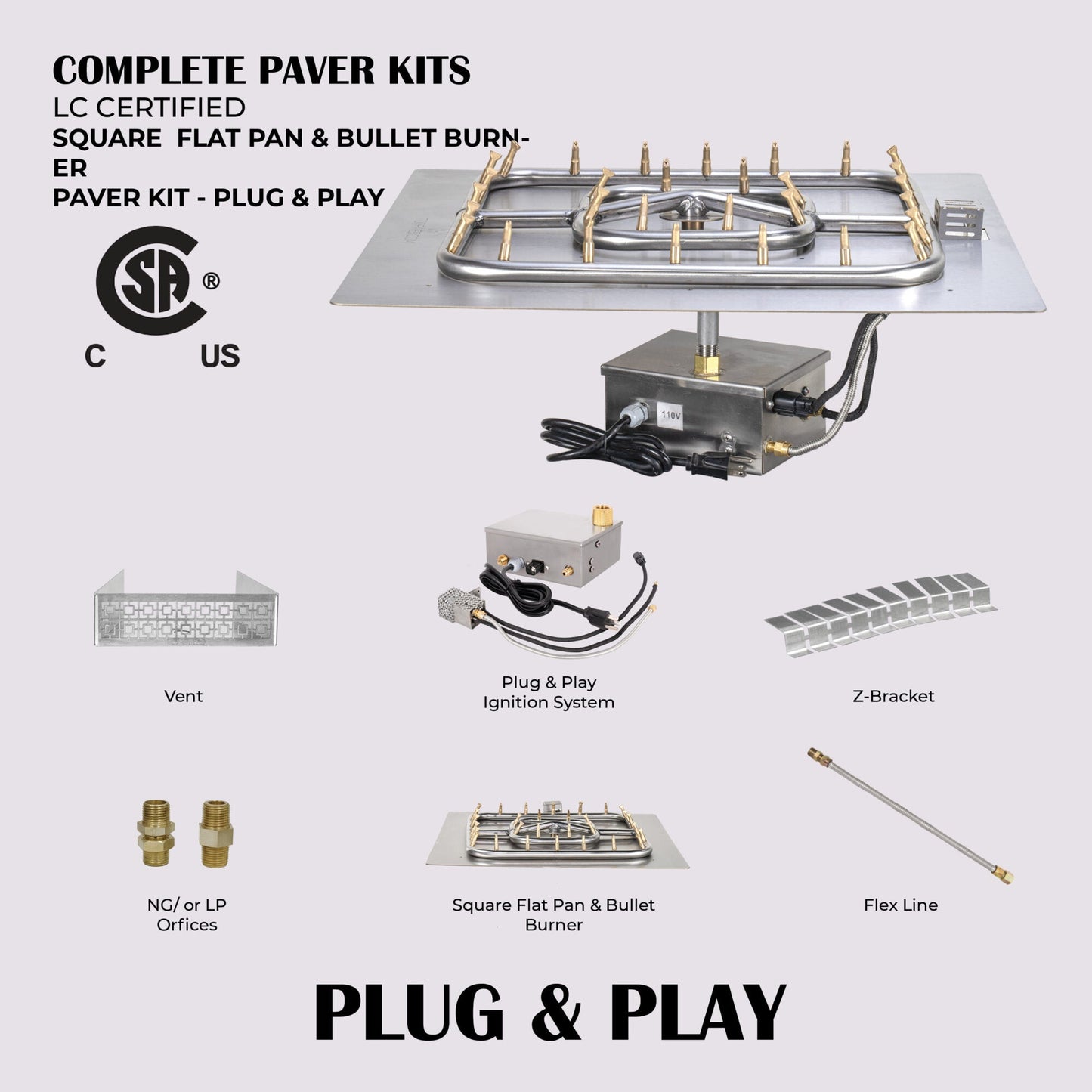 Square Flat Pan & Square Bullet Burner Paver Kit - 110V Plug & Play Electronic Ignition