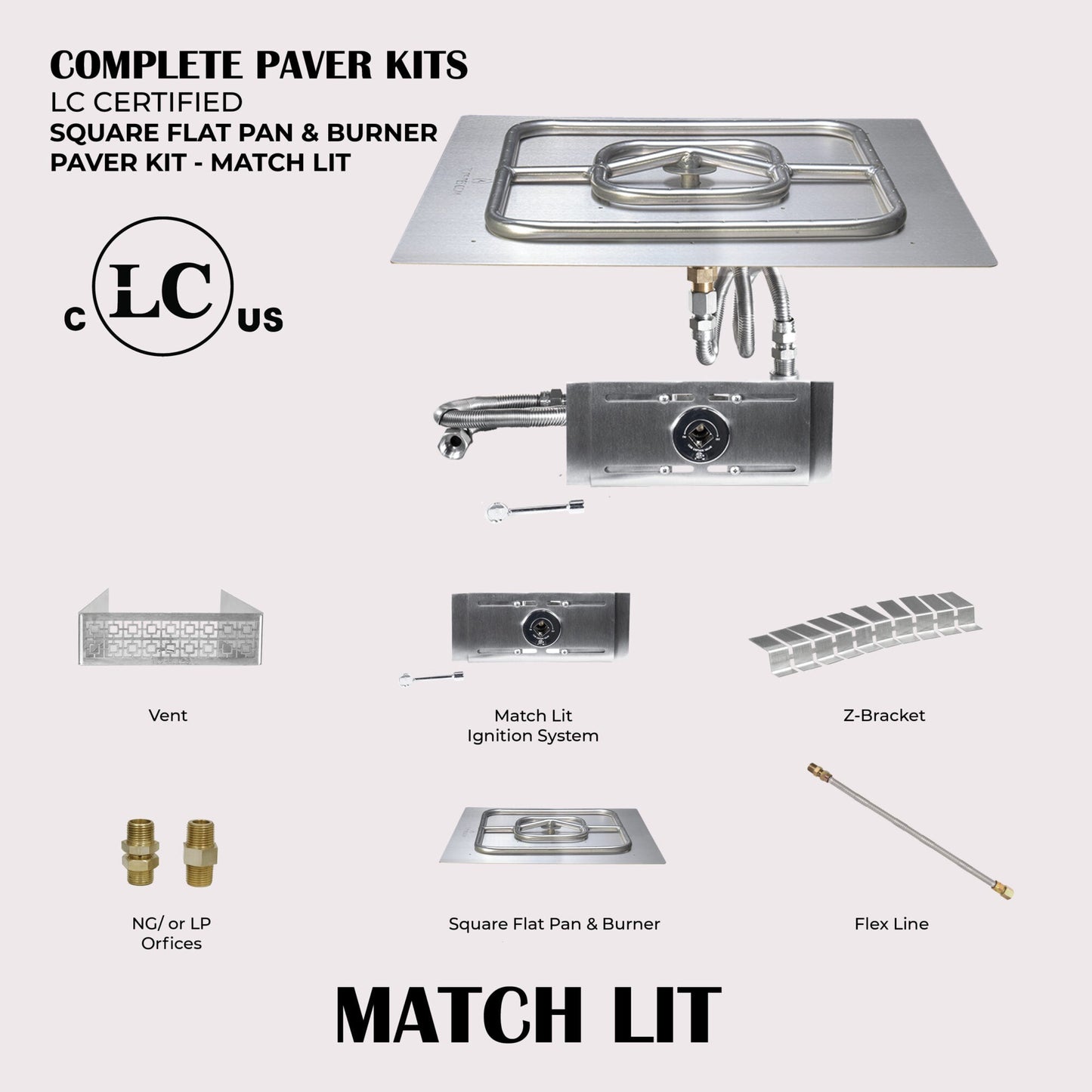 Square Flat Pan & Square Burner Paver Kit - Match Lit Ignition