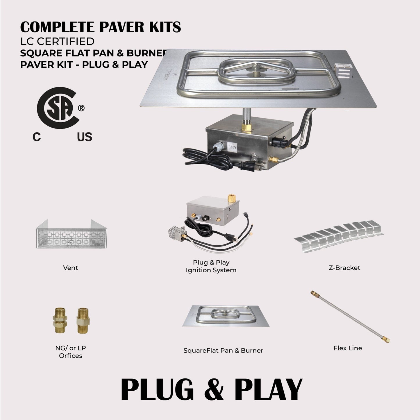 Square Flat Pan & Square Burner Paver Kit - 110V Plug & Play Electronic Ignition